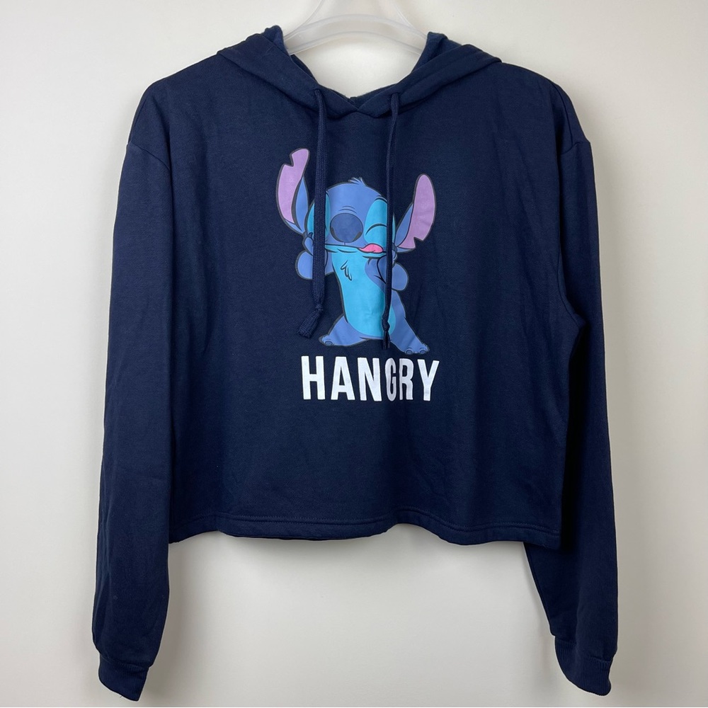 Disney Stitch Navy Cropped Hooded Hangry Sweatshirt Size XL